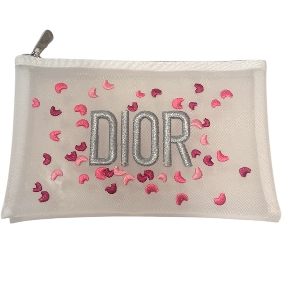 Dior Cream Pouch with Pink Embroidered Accents with Dior lipstick and Eye Liner - Picture 3 of 13